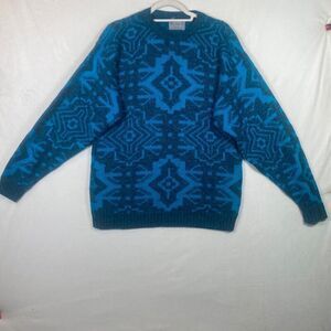 Le Tigre Vintage USA Made Geometric Knit Sweater Blue Teal Mens L